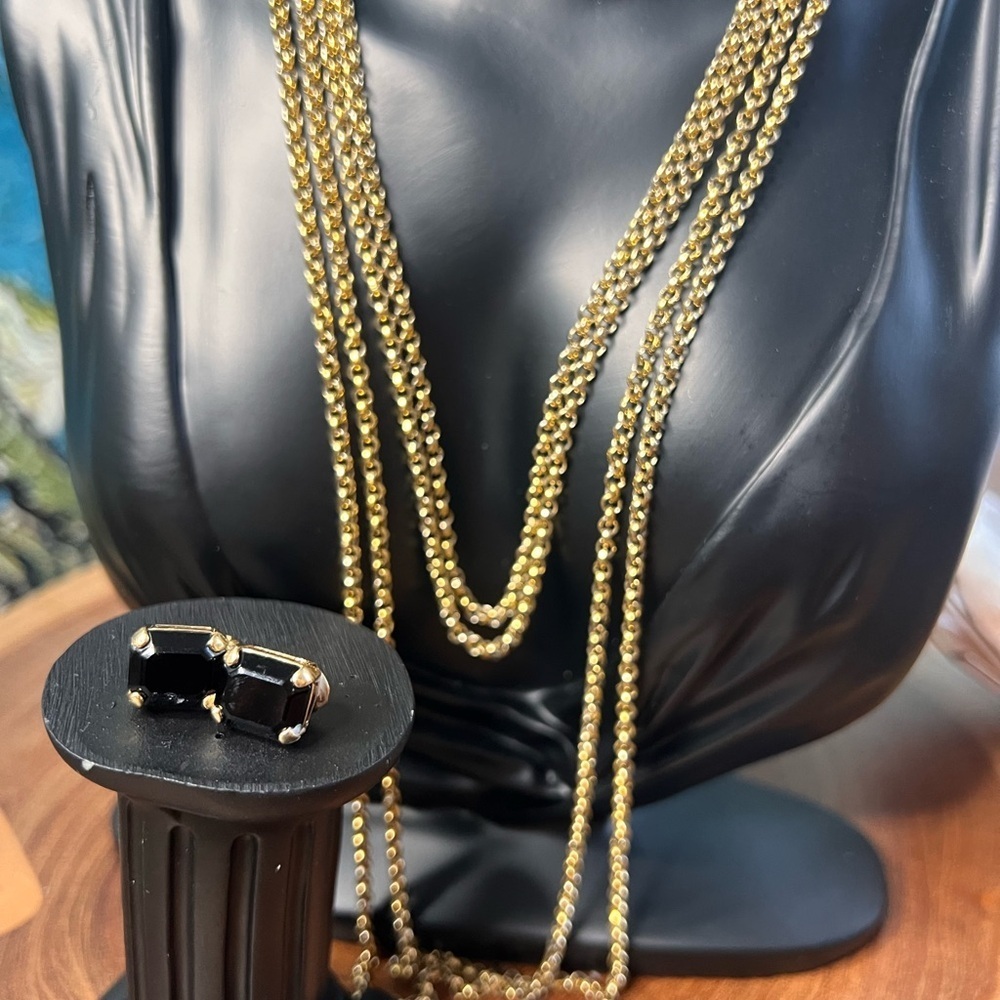 Matching 45 inch gold chain necklace with black onyx clip on earrings. - Picture 9 of 10
